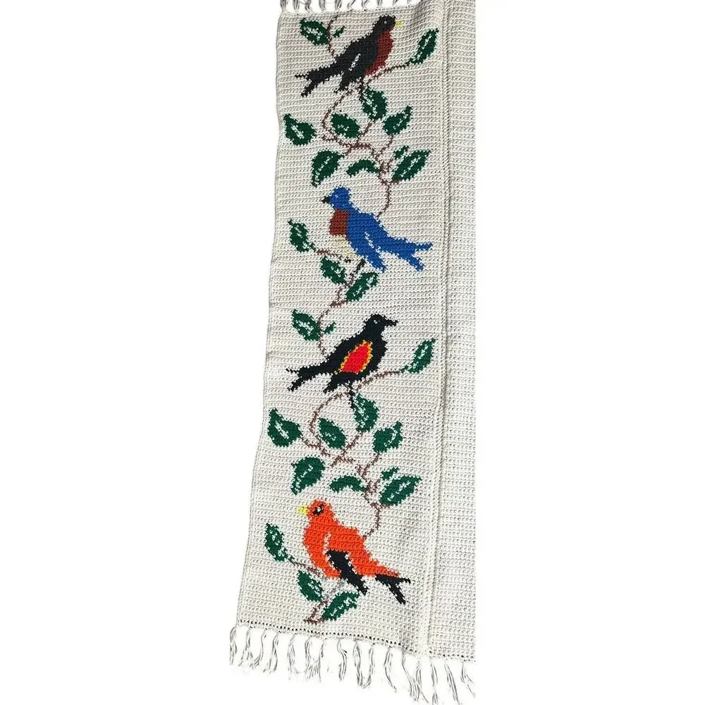 Handmade Colorful Birds White Crochet Knit Afghan Throw Blanket w/ Fringe‎ 48x60